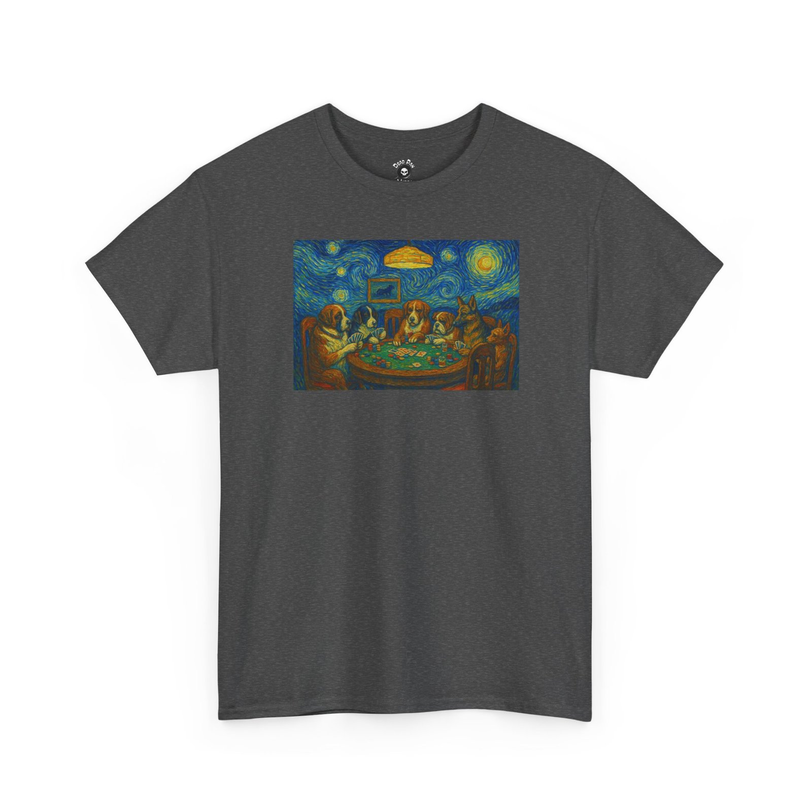 Charcoal heather crewneck tee with a painted starry-sky card table scene