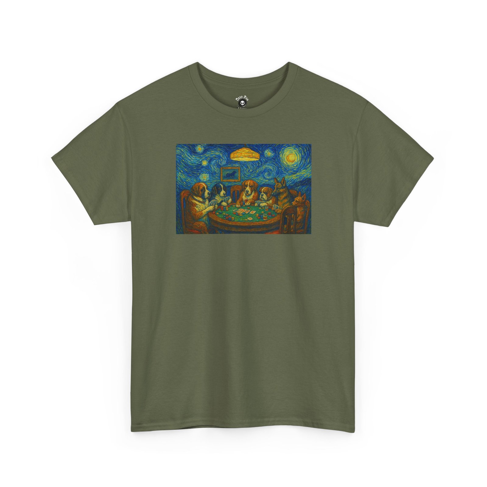 Dogs playing poker van gogh t-shirt in military green