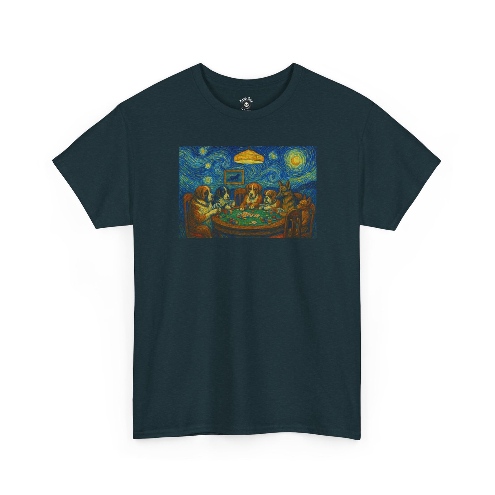 Dark teal crewneck tee with a painted starry-sky card table scene