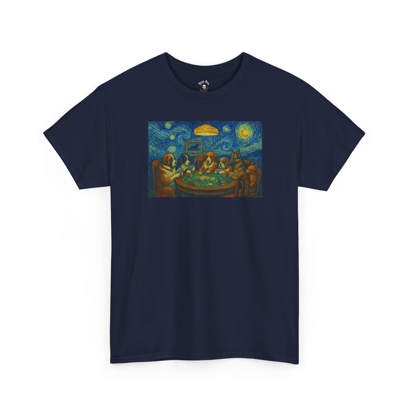 Navy crewneck tee with a painted starry-sky card table scene