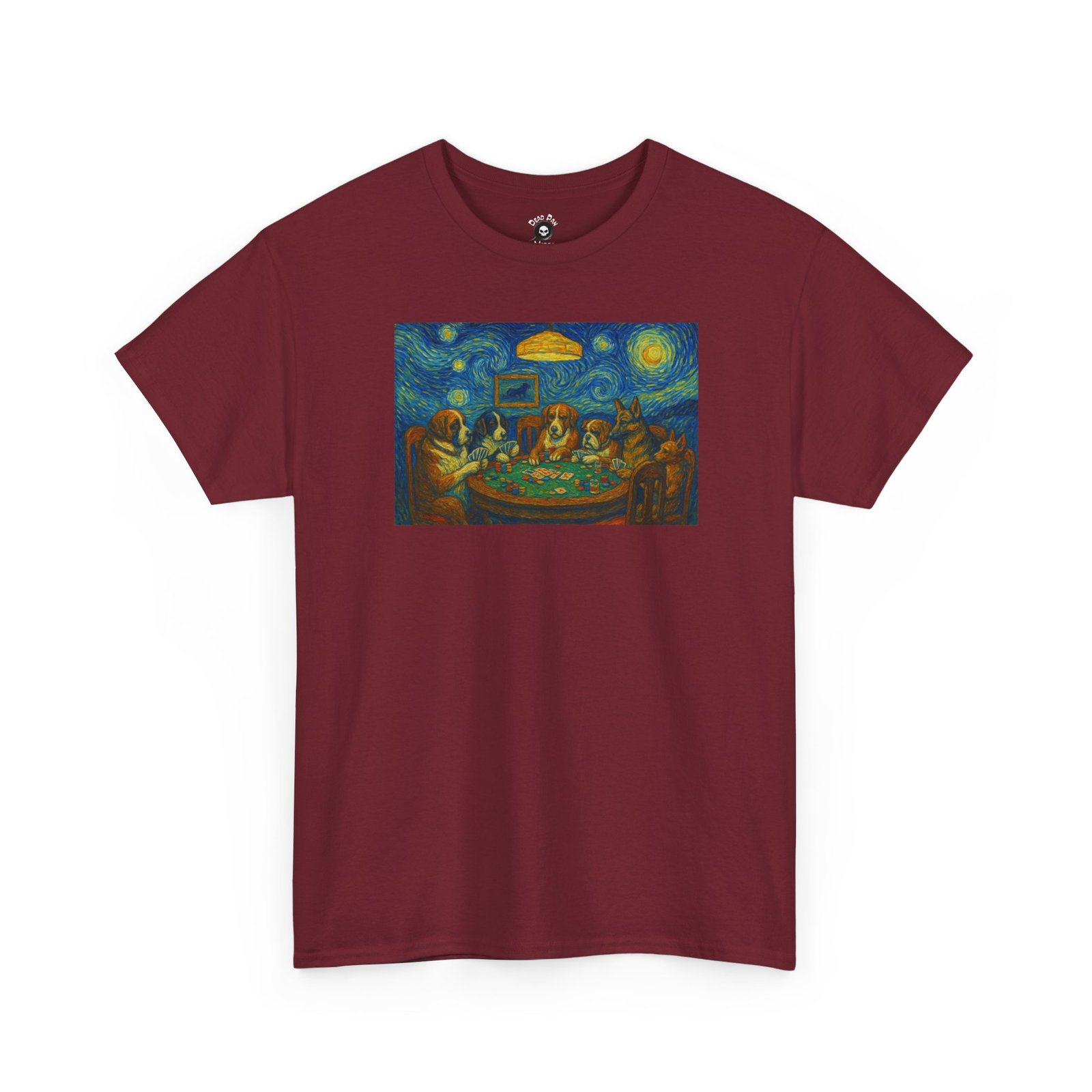 Cardinal red crewneck tee with a painted starry-sky card table scene
