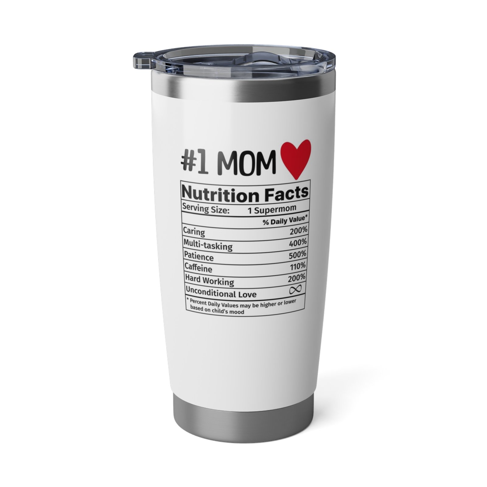 #1 Mom nutrition facts 20oz tumbler, stainless steel