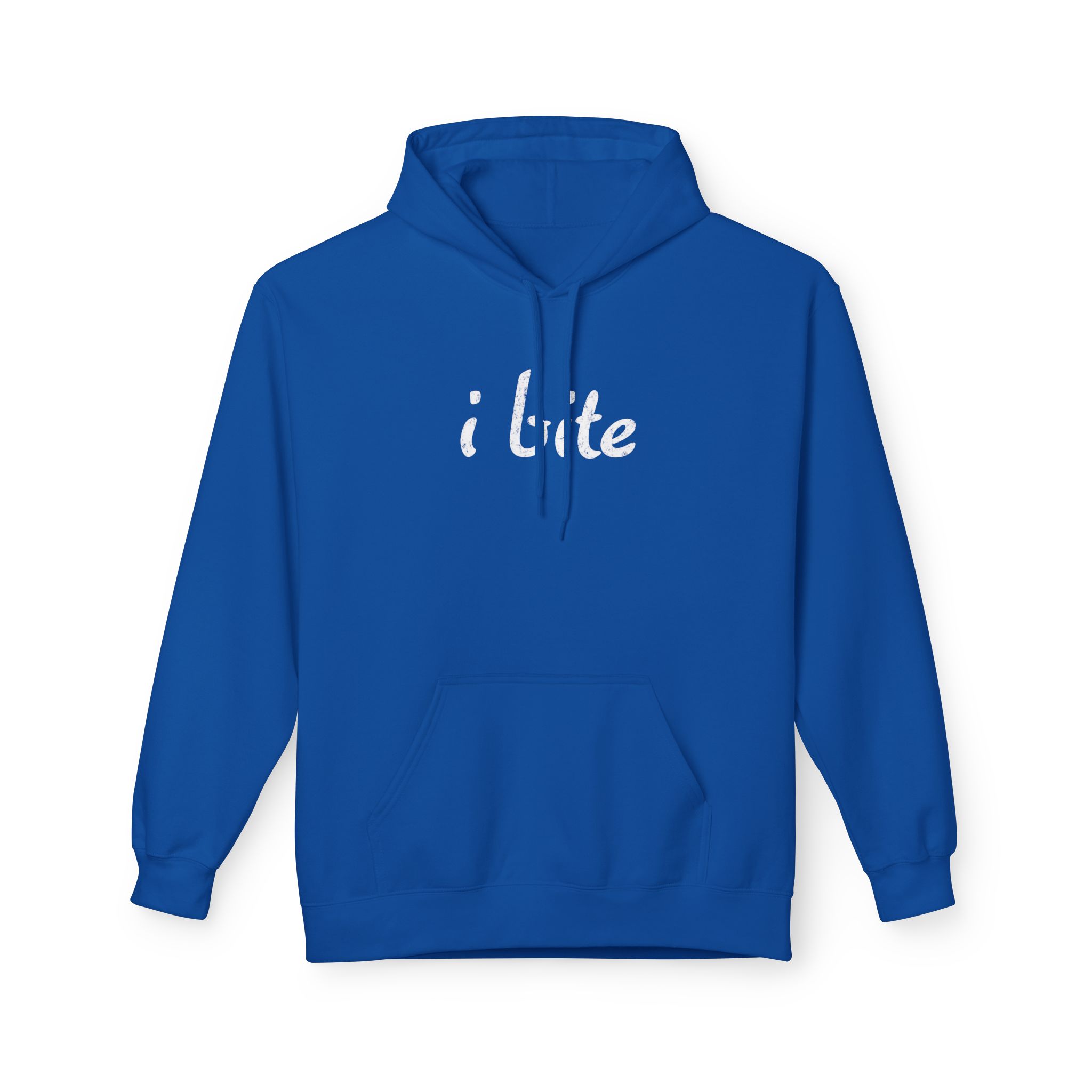Royal blue hooded sweatshirt with white script text on the chest