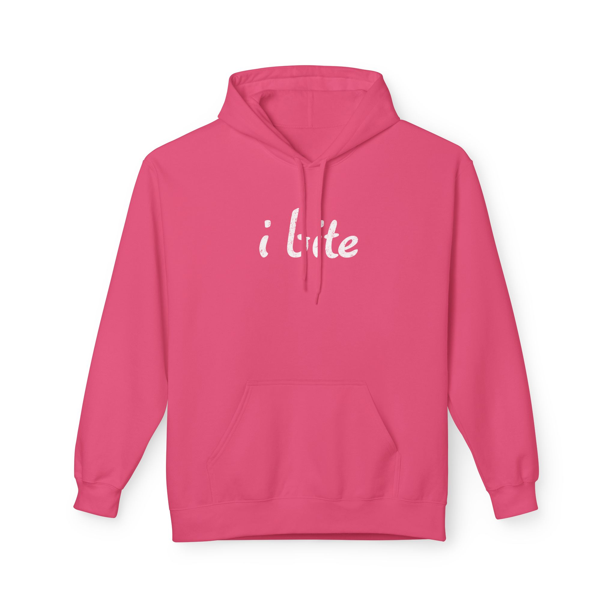 Pink hooded sweatshirt with white script text on the chest