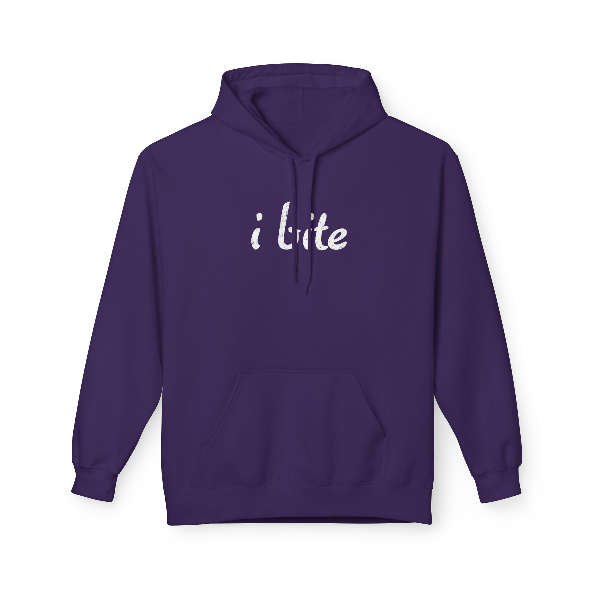 Purple hooded sweatshirt with white script text on the chest