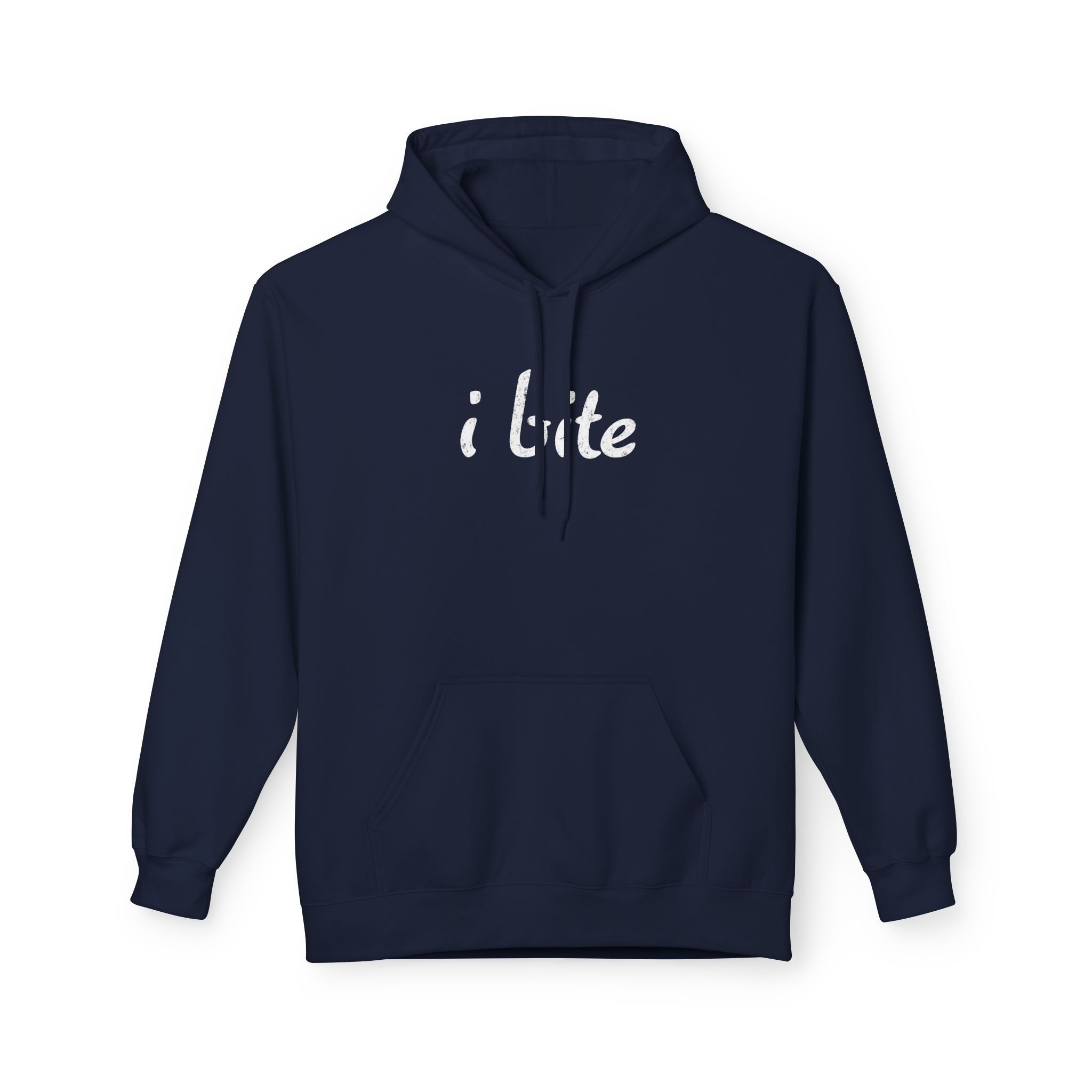 Navy hooded sweatshirt with white script text on the chest