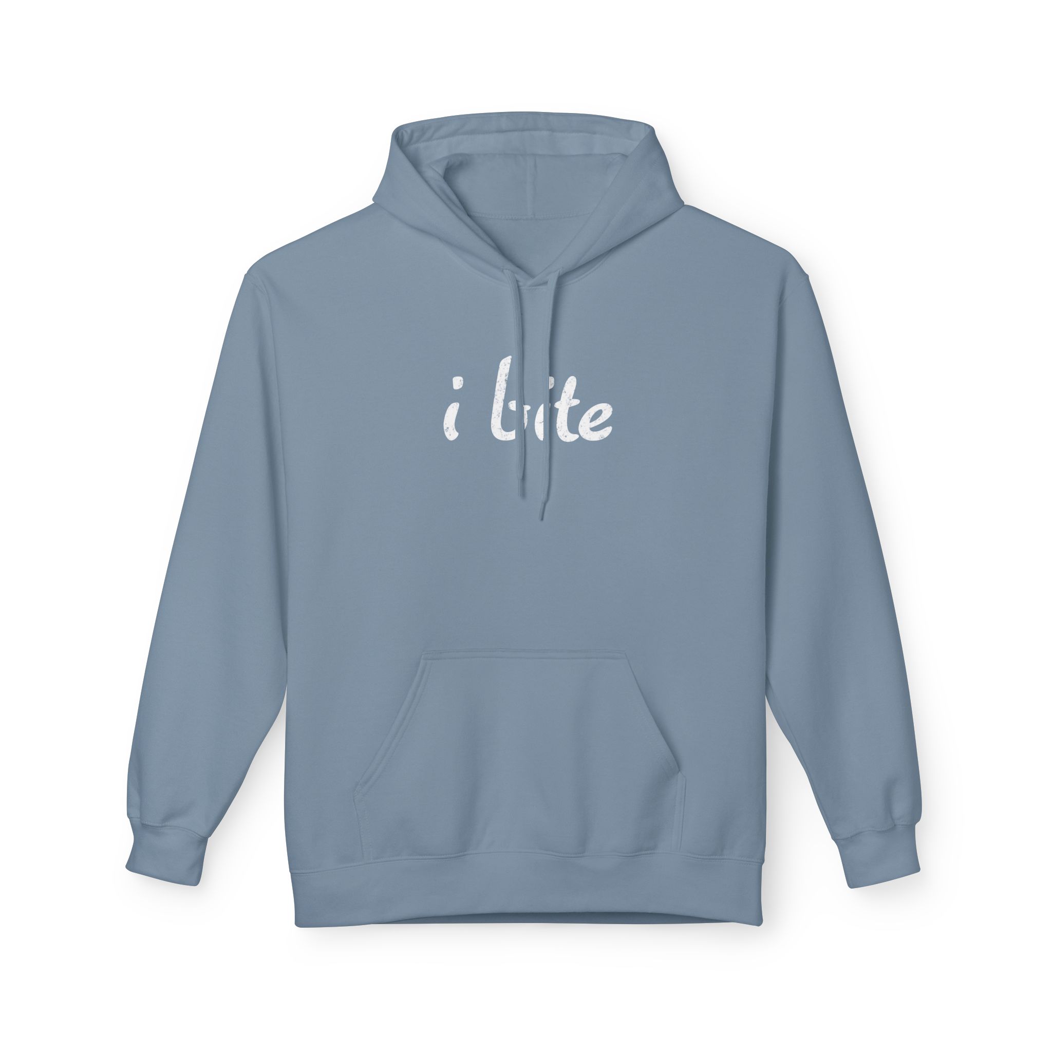 Stone blue hooded sweatshirt with white script text on the chest