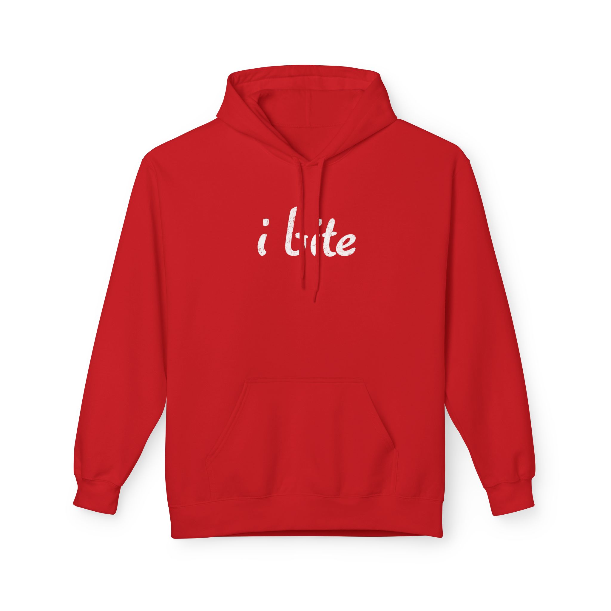 Red hooded sweatshirt with white script text on the chest