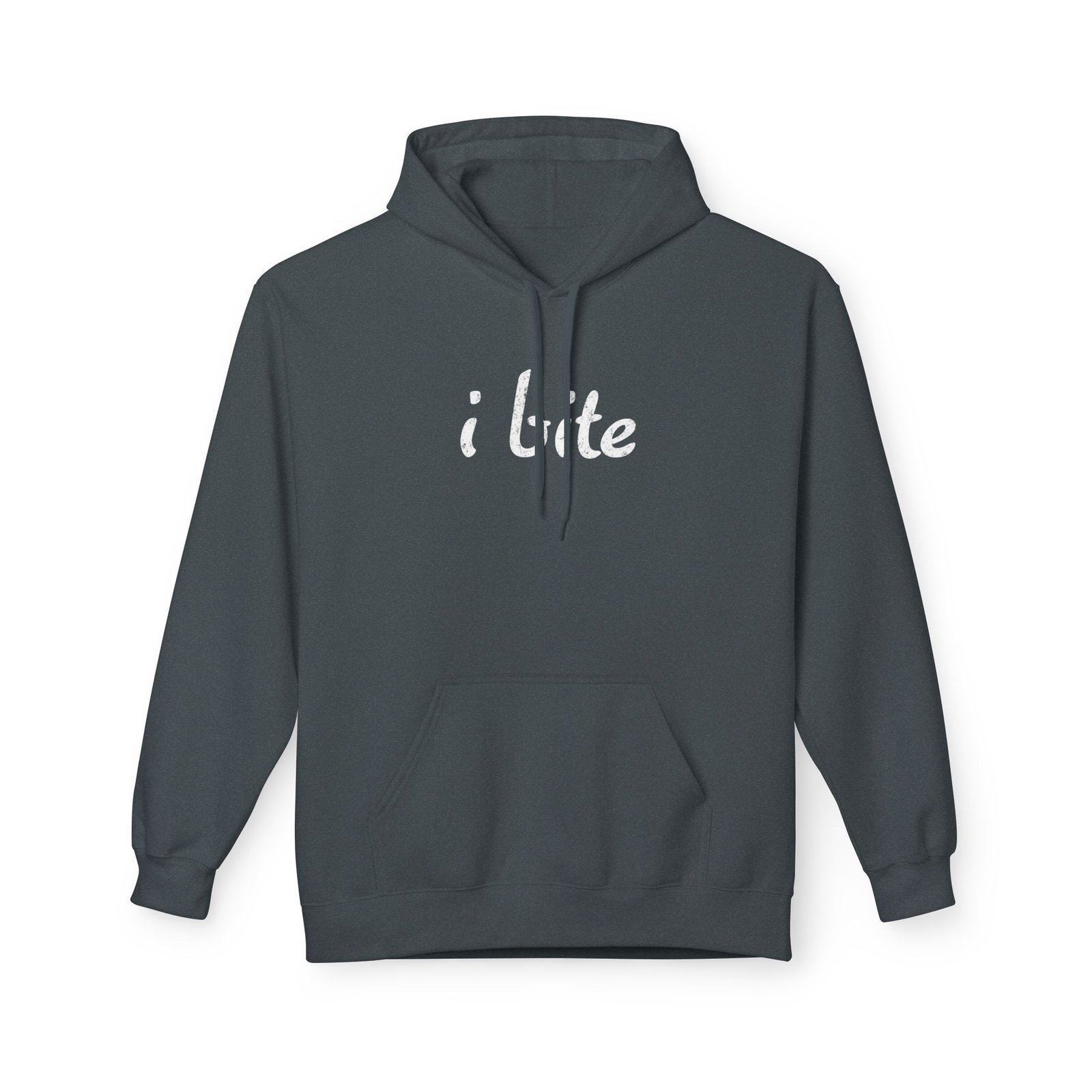 Charcoal hooded sweatshirt with white script text on the chest