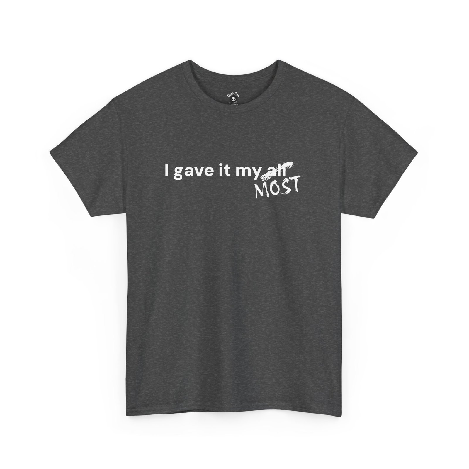 Charcoal heather crewneck tee with white text and a crossed-out word on the chest