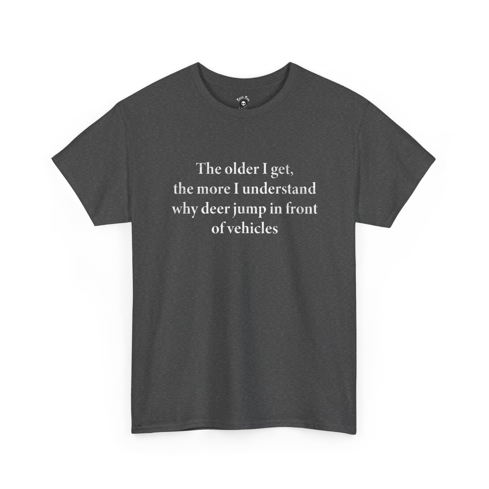 Charcoal heather crewneck tee with white serif text on the chest