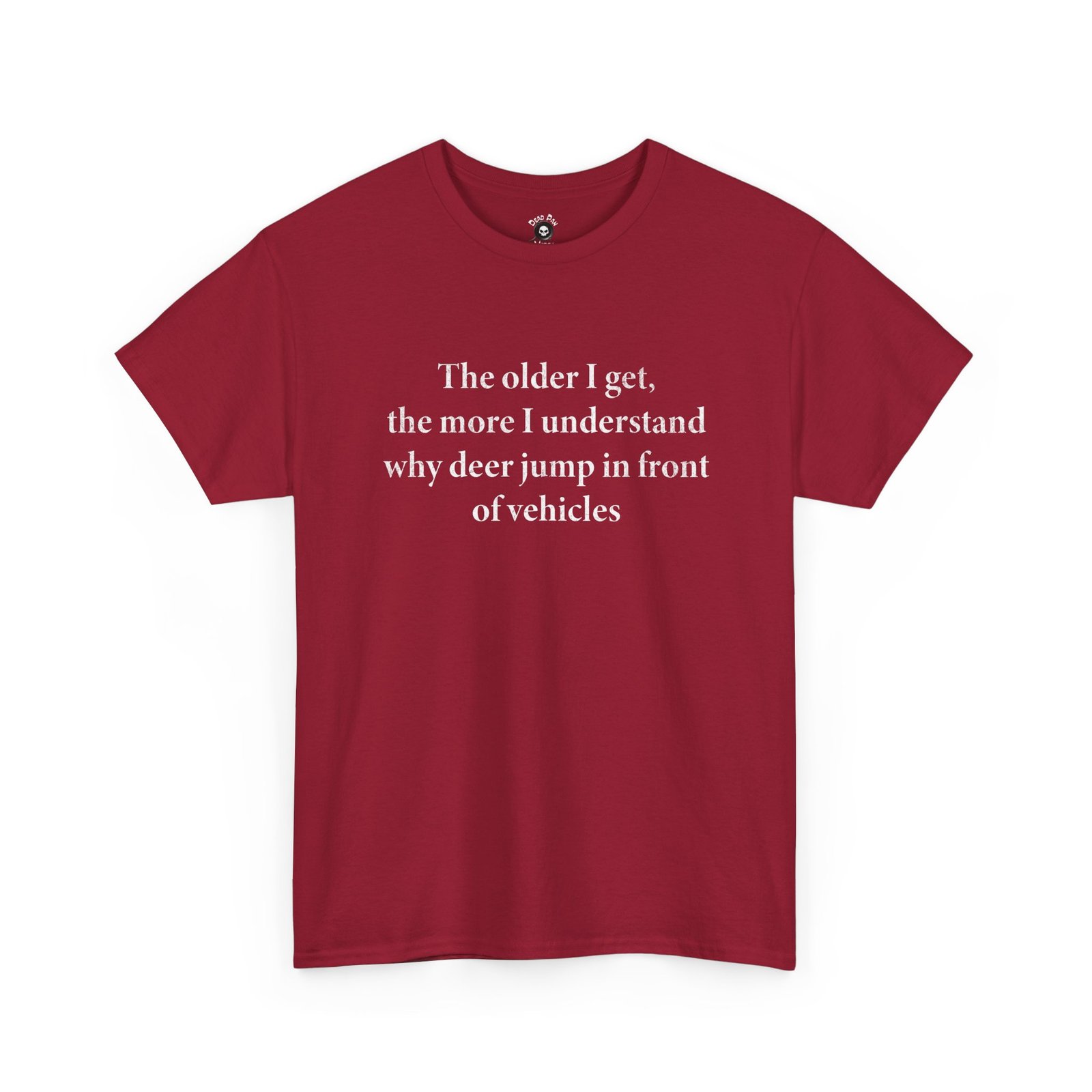 Red crewneck tee with white serif text on the chest