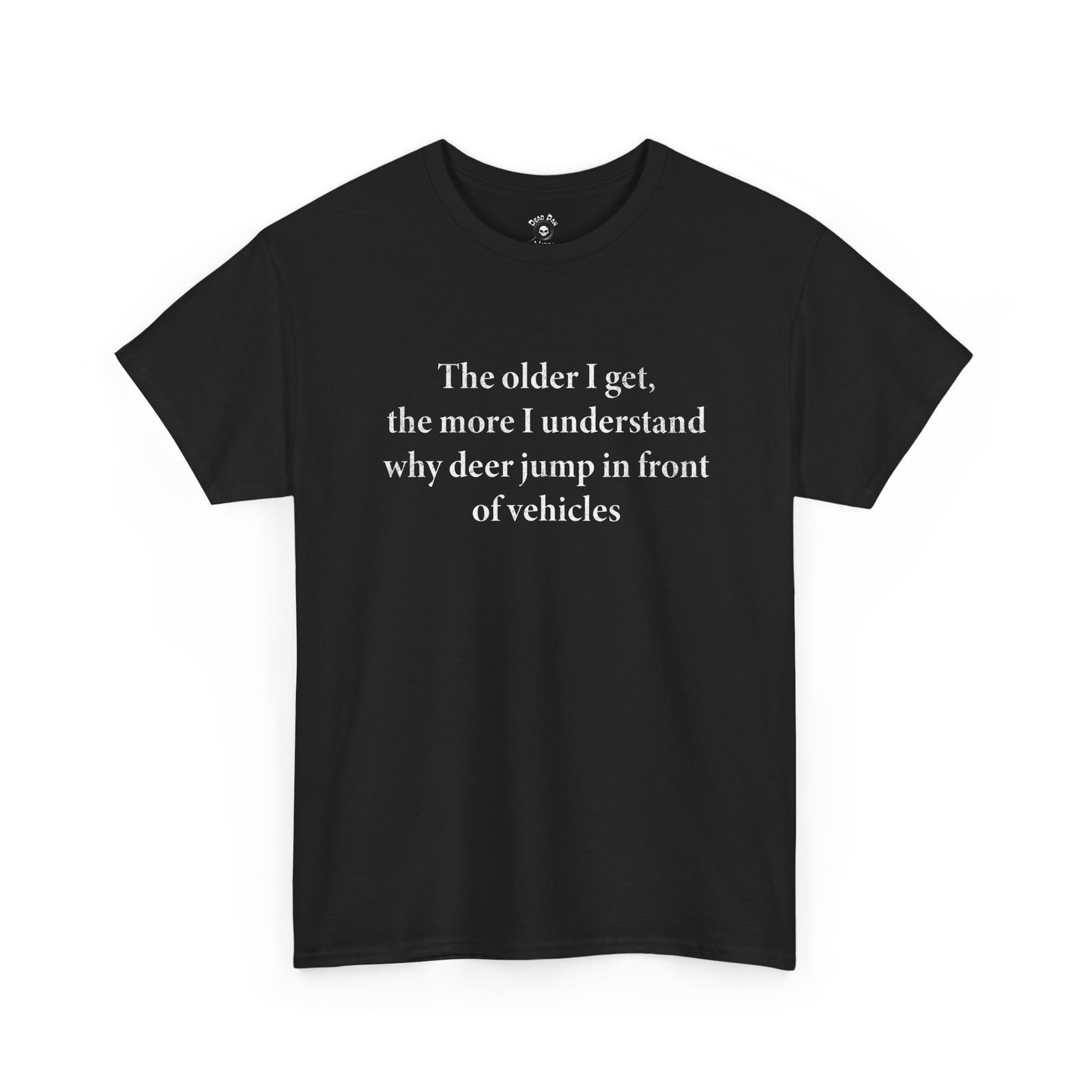 Deer jump in front of vehicles t-shirt in black
