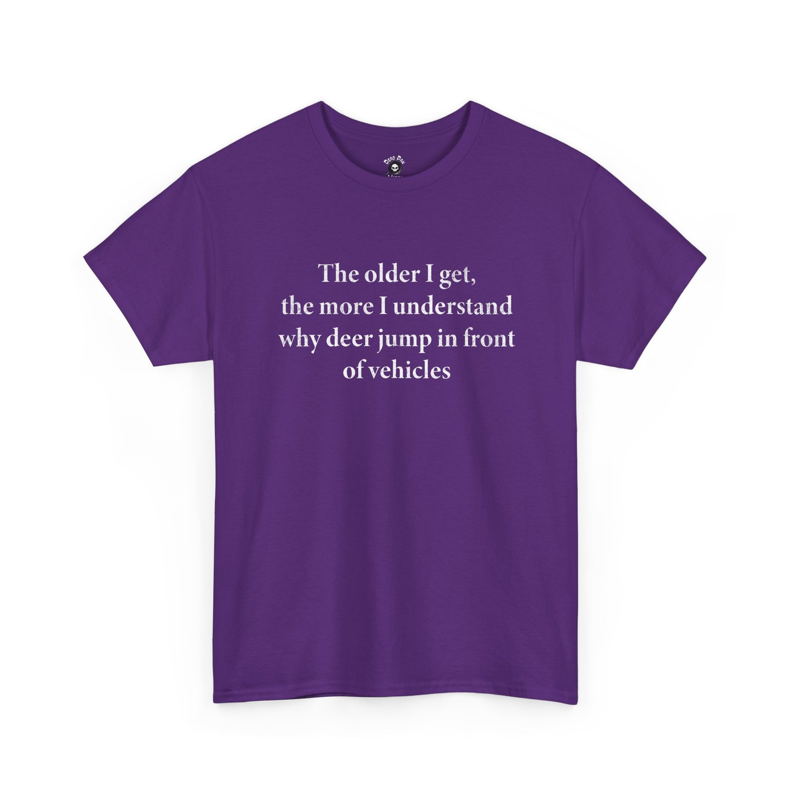 Purple crewneck tee with white serif text on the chest