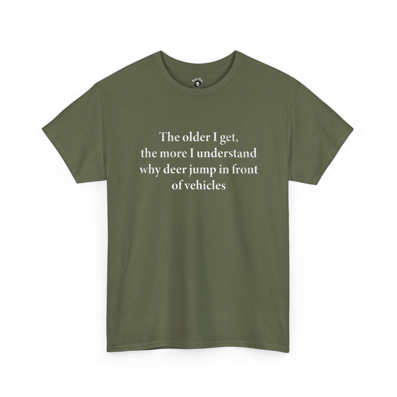 Deer jump in front of vehicles t-shirt in military green