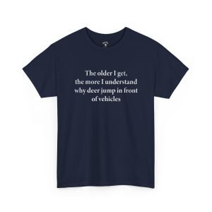 Deer jump in front of vehicles t-shirt in navy