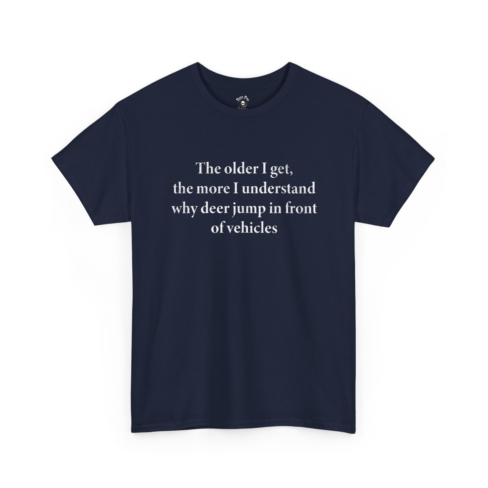 Deer jump in front of vehicles t-shirt in navy