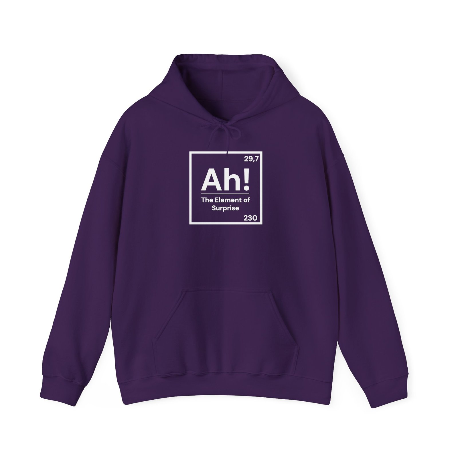 Purple hooded sweatshirt with white boxed Ah! graphic