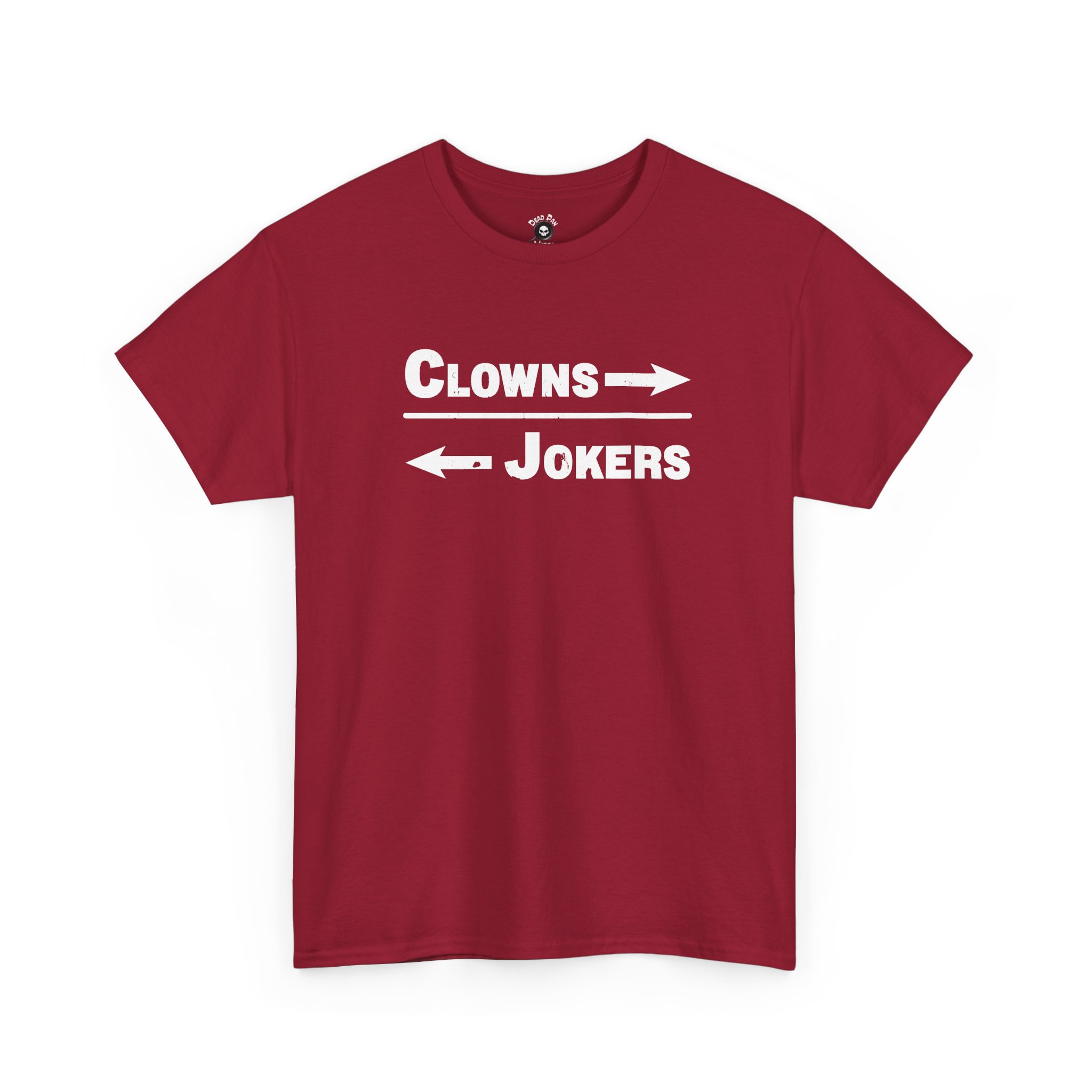 Red crewneck tee with white clowns and jokers lettering and arrows