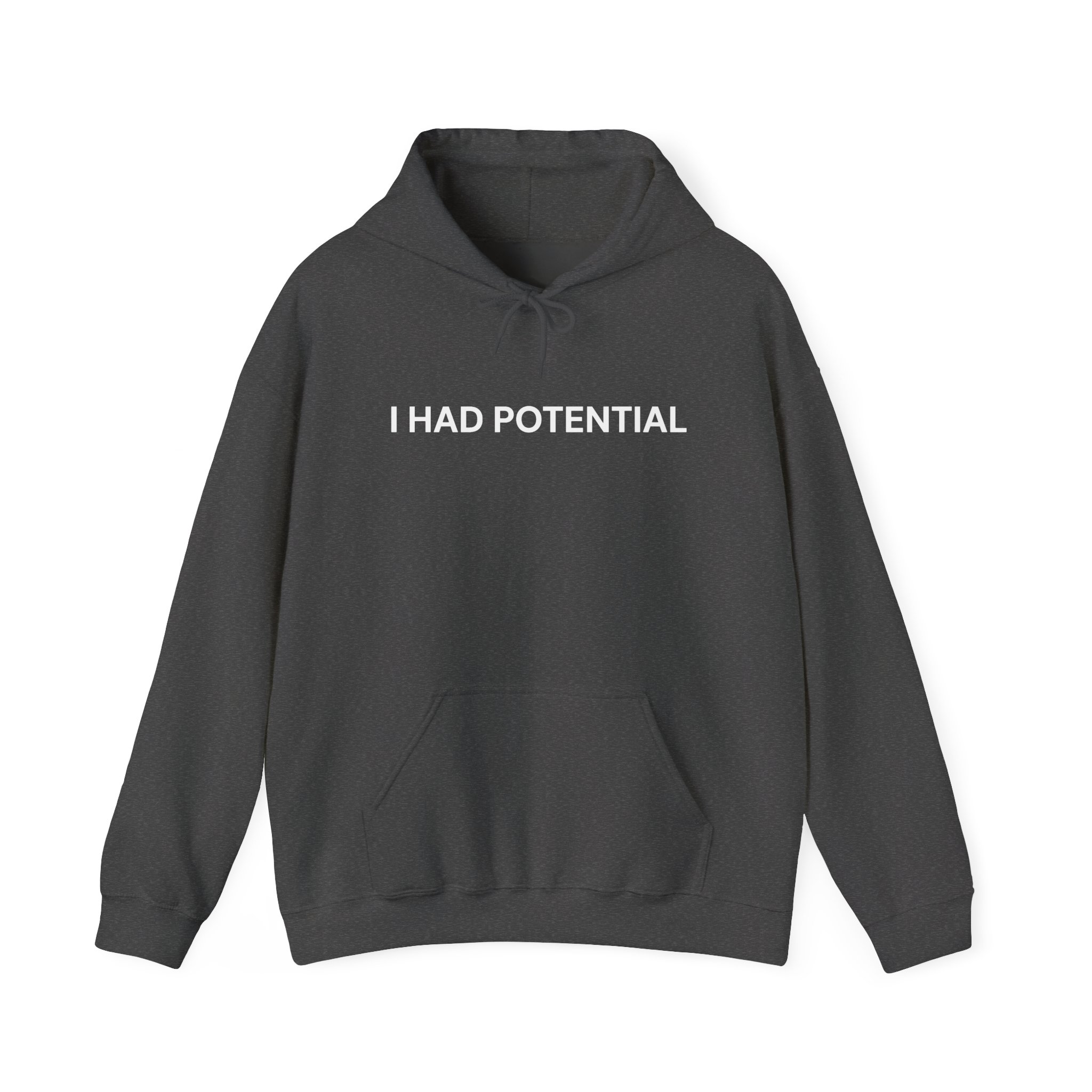 Charcoal heather hooded sweatshirt with white text on the chest