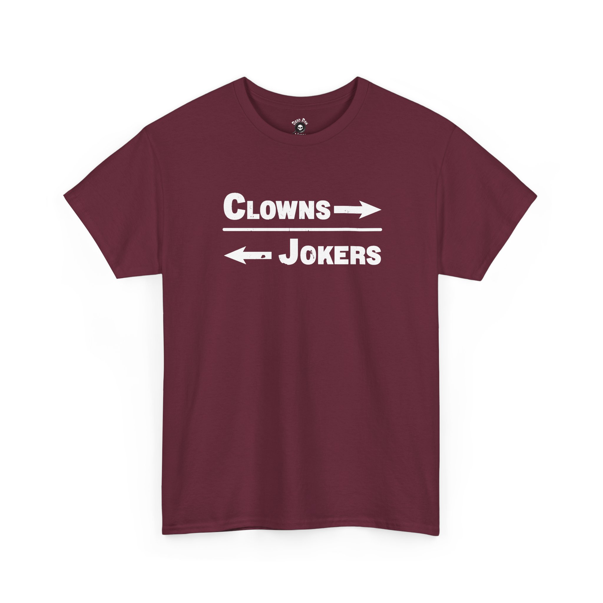 Maroon crewneck tee with white clowns and jokers lettering and arrows