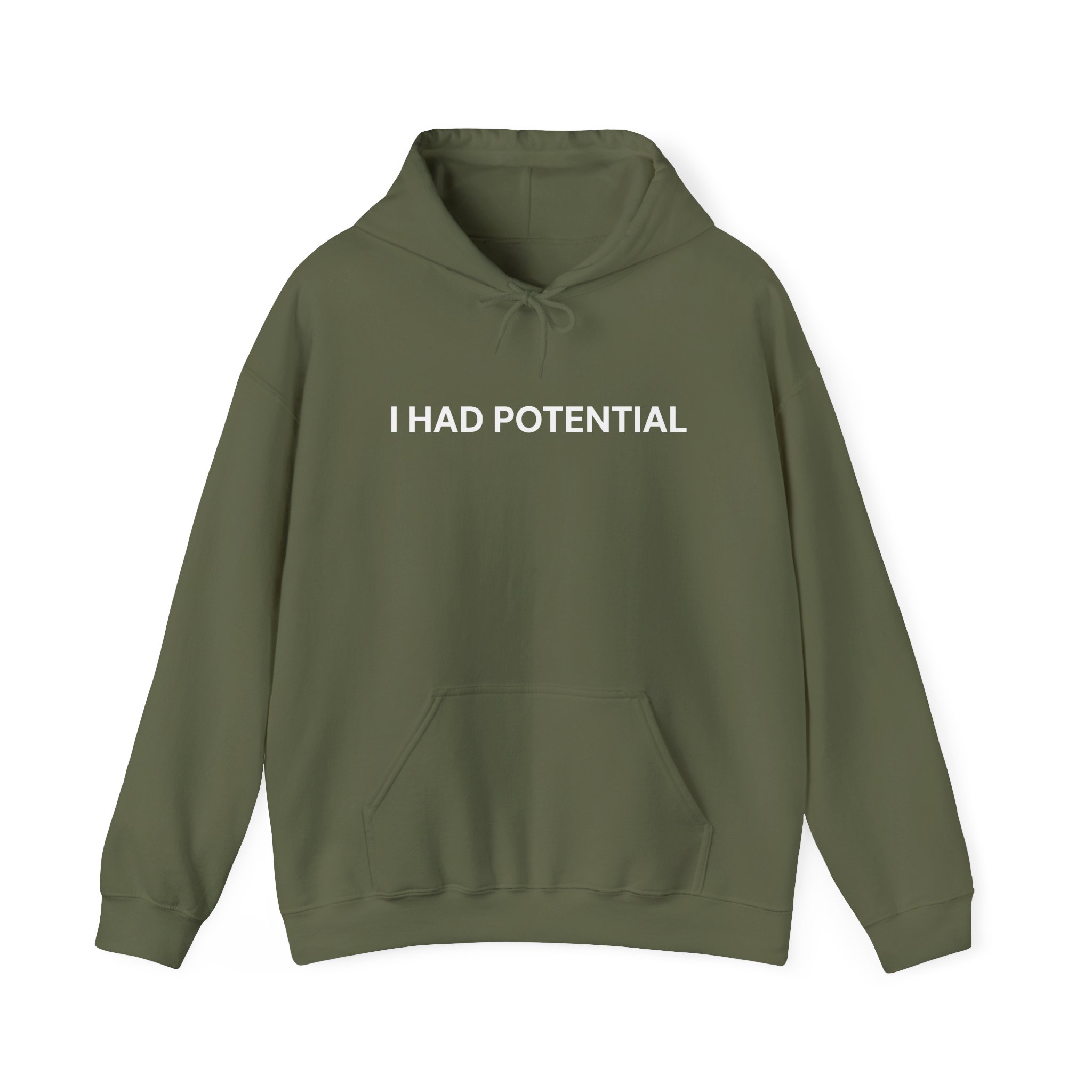 Military green hooded sweatshirt with white text on the chest