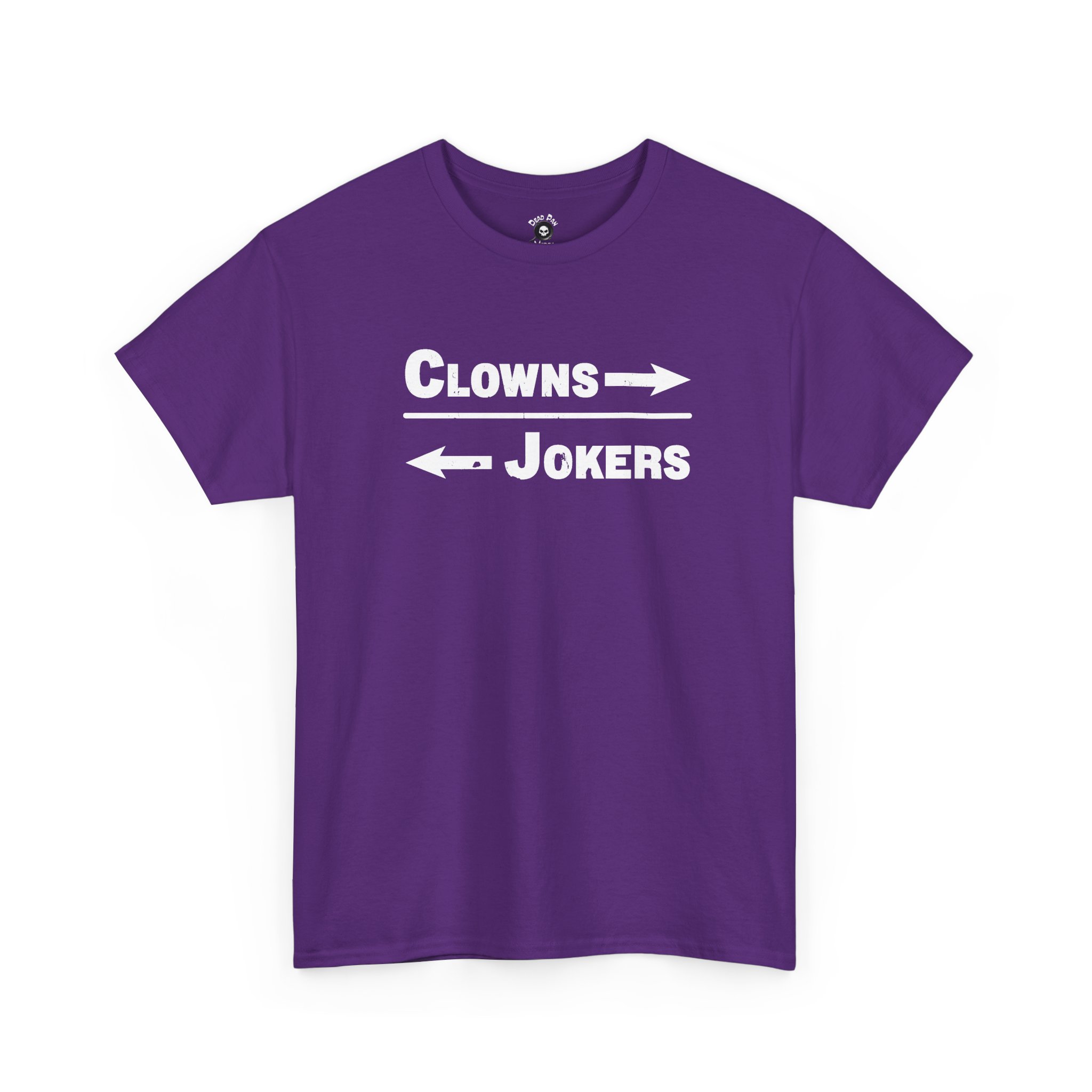 Purple crewneck tee with white clowns and jokers lettering and arrows