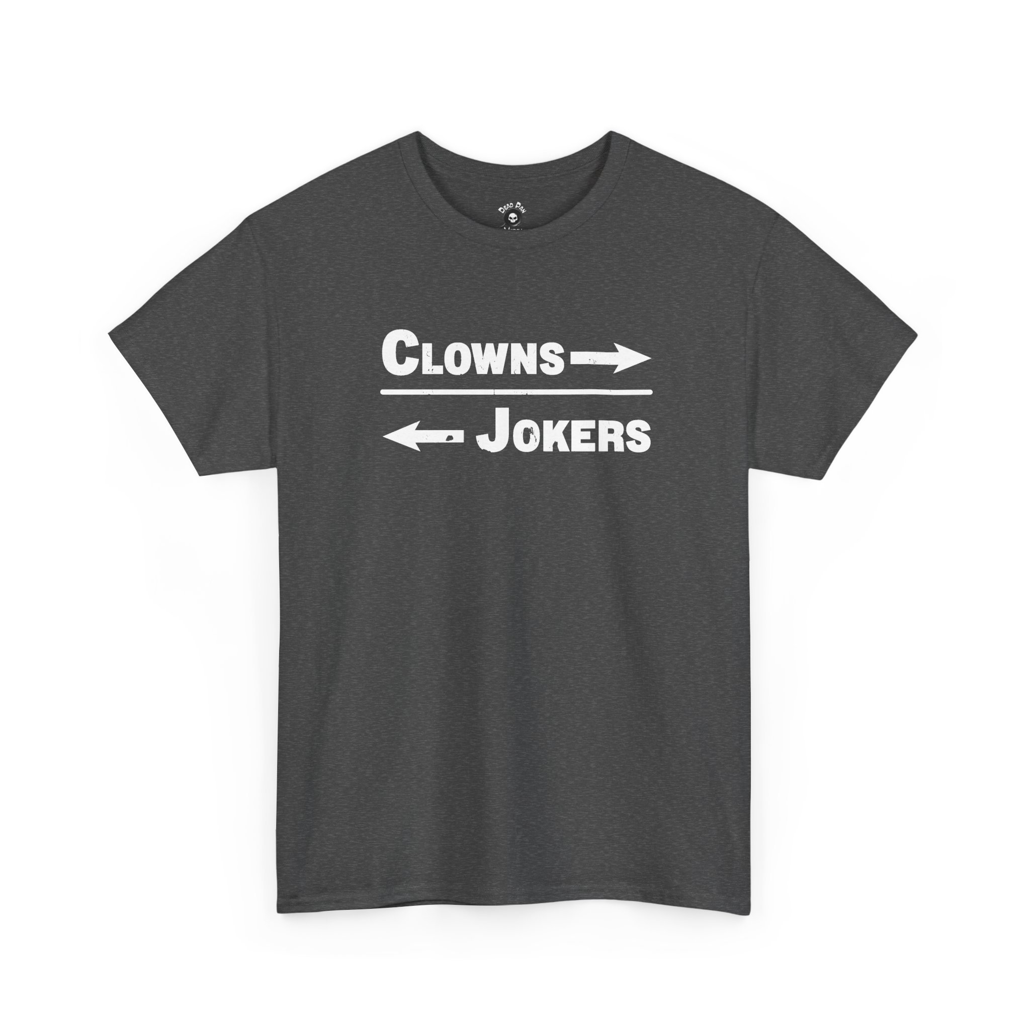Charcoal heather crewneck tee with white clowns and jokers lettering and arrows